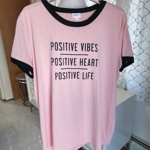 LuLaRoe Liv Short Top Positive Vibes, Heart, Life in Pink Black NWOT